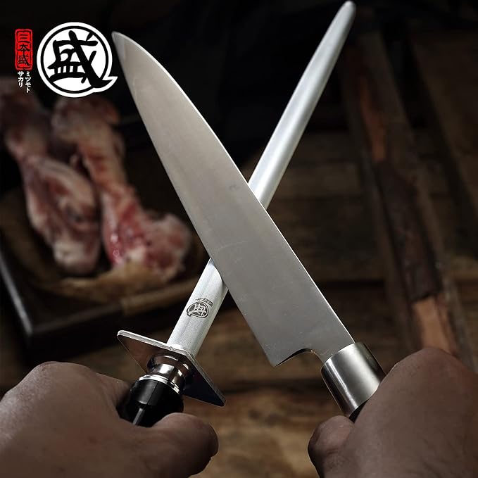 MITSUMOTO SAKARI 10 inch Japanese Honing Steel - Round Diamond Knife Sharpening Rod, Professional High Carbon Sharpener with ABS Handle & Powerful Magnet