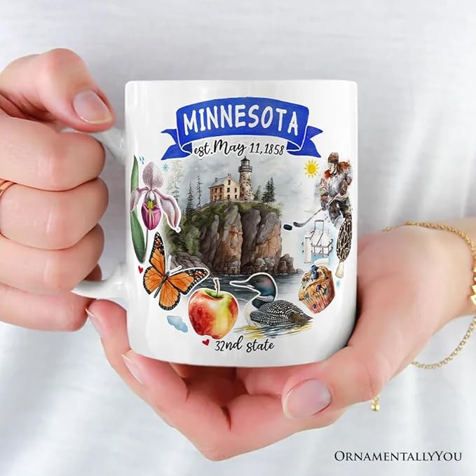 OrnamentallyYou State Travel Landmark Mugs – 12 oz Ceramic Coffee Cups, U.S. Souvenir Gift for Tourists (Artistic Minnesota State Themes and Landmarks Mug)