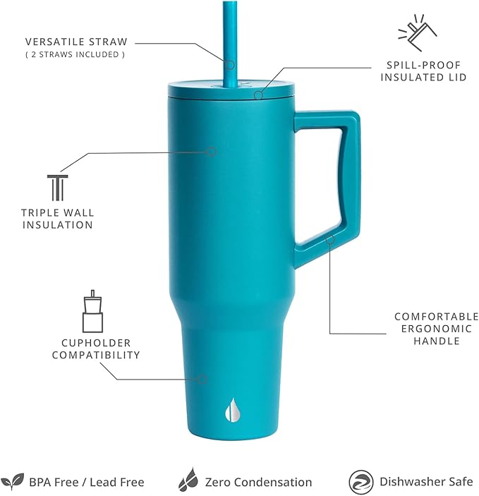 Elemental 40 oz Tumbler with Handle and Straw - Spill Proof Insulated Stainless Steel Commuter for Hot and Cold Beverages - Travel Coffee Mug with 2 Straws & Spill Proof Lid - 40oz - Teal