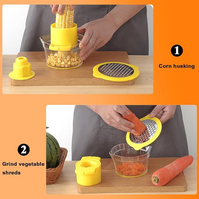 Corn Stripper Tool with Bowl & Comfort Grip - 2-in-1 Kernel Cutter and Grater for Garlic Ginger, Corn Peeler and Grinder Set with Container, Easy Corn Kernel Remover