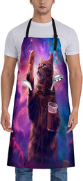 Cosmic Cat with Baguetter Apron for Women, 28x33in, Kitchen Chef Aprons with 2 Pockets, Polyester, Space Cat Apron for Cooking BBQ Baking Gardening Chef, Gifts for Mom Wife Dad