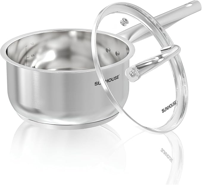 Sunhouse – 2 Quarts Stainless Steel Sauce Pan with Lid - PFOA-FREE, High Stainless Steel Sauce Pan, Advanced Impact Bonding Induction Base, Stay-Cool Handle, Compatible with All Cooktops