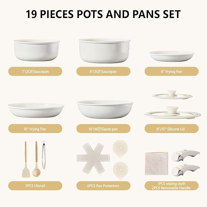 Bonnlo 19 Pcs Nonstick Pots and Pans Set with Lids, Kitchen Cookware Set with Detachable Handle Include Saucepan, Frying and Saute Pan, PFAS PFOA & PFOS Free, RV Induction, Aluminum, Cream White