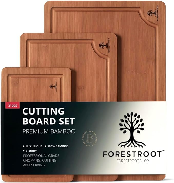Bamboo Cutting Board Set – 3-Piece Wooden Kitchen Boards for Meal Prep & Serving – Durable Bamboo with Deep Juice Groove & Side Handles – Great for Meat, Vegetables & Charcuterie(Brown)