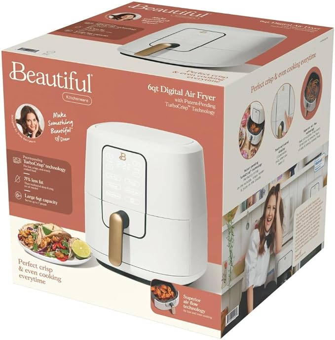 Beautiful 6-Quart Digital Air Fryer, TurboCrisp Technology, Touch-Activated Display, 1750W, 90–400°F, Dishwasher-Safe Basket