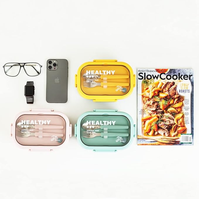 Lille Home 28oz Stainless Steel Leakproof 2-Compartment Bento Lunch Box/Portion Control Food Container with Lunch Bag and Cutlery Set, BPA Free