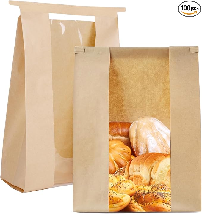 100 Pack Reusable Bread Bags with Tin Strip, Large Bakery Bags with Window, Beige, Kraft Paper with Polyethylene interior, Twist Tie Closure, Ideal for Homemade Bread, Sourdough, and More