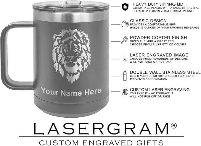 LaserGram 15oz Vacuum Insulated Coffee Mug, Sushi, Personalized Engraving Included (Gray)