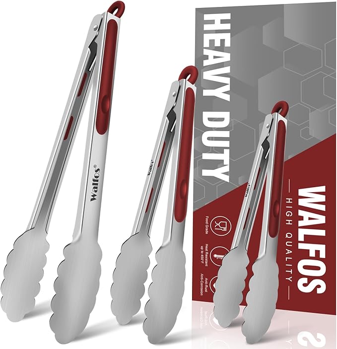 Walfos Stainless Steel Kitchen Tongs - 7, 9 & 12 Inch Heavy Duty Locking Metal Tongs for Cooking, BBQ Grilling, Set of 3 Non-Slip Grip (Wine Red)