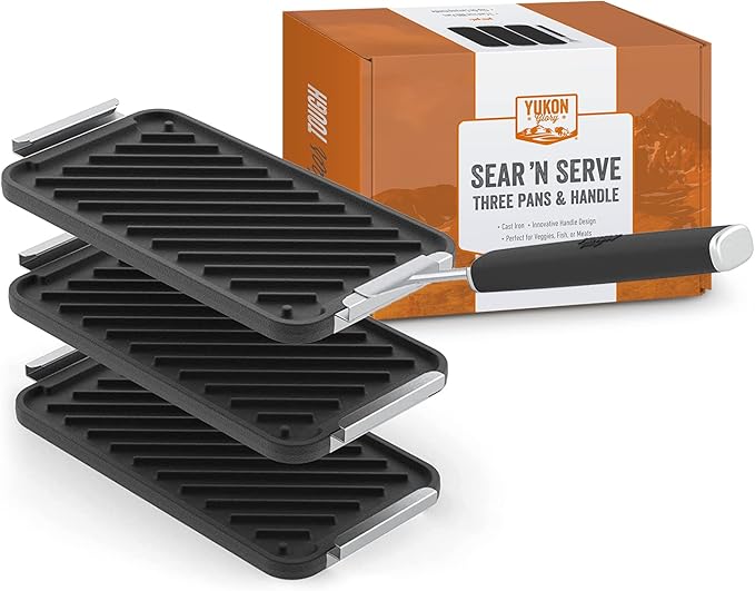Yukon Glory SEAR 'N SERVE Cast Iron Grill Pan Set - Includes 3 Cast Iron Grilling Baskets & Clip-On Handle - Ideal for Stove Tops or Outdoor Grills