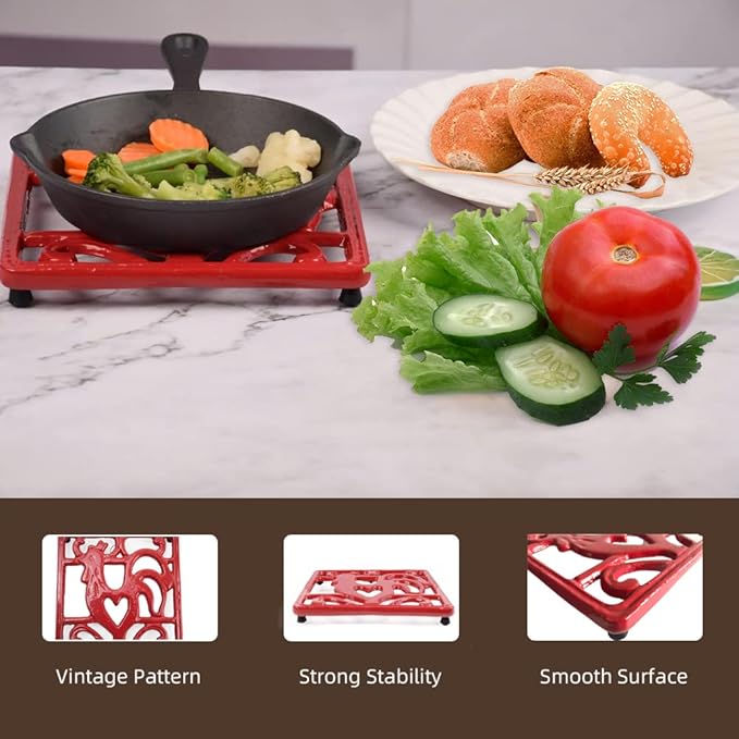 Vintage Square Cast Iron Trivet - Metal Trivet for Hot Dishes, Heat Resistant Trivet Mat for Kitchen Countertop Hot Pots and Pans, Red