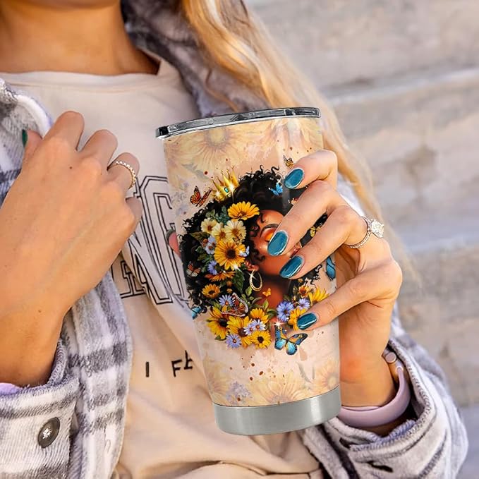 Black Woman Tumbler 20oz Stainless Steel Insulated Travel Mug Cup for Women Girls Gifts for Birthday Christmas