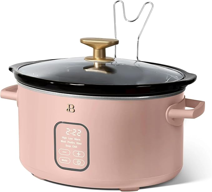 Beautiful 6 Qt Programmable Slow Cooker by Drew Barrymore - 5 Preset Cooking Functions, Digital Countdown Timer, Dishwasher-Safe Parts, and Cool-Touch Handles (Rose)