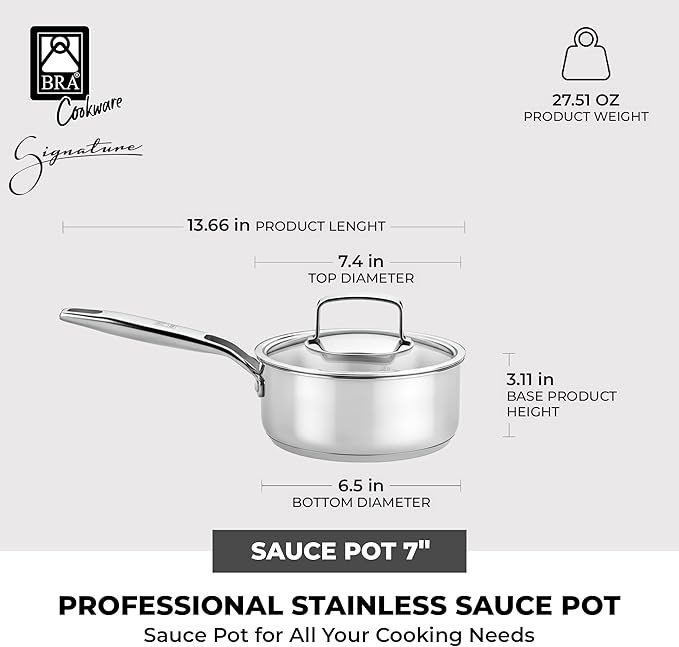 BRA COOKWARE Signature Stainless Steel Sauce Pot w/Glass Lid | 7 Inch 1.4 Quart Professional Grade Saucepan | PFOA Free Warming Pot | All Cooktops | All Cooktops (incl. Induction) & Oven Safe