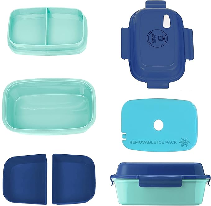 Ultimate Bento Box - Lunch Box for Kids & Adults with Removable Ice Pack - Leakproof, Multi-Compartment Food Container with Removable Containers - Microwave & Dishwasher Safe (Blue/Green)