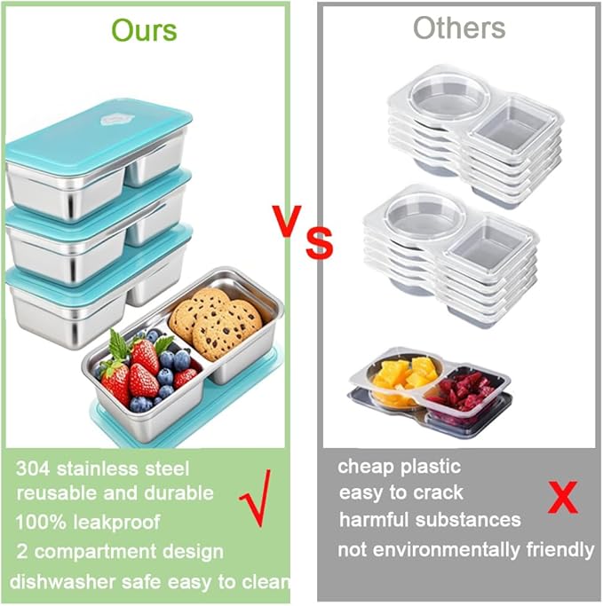 3 Pack Stainless Steel Snack Containers, Meal Prep Containers, Metal Bento Lunch Box with 2 Compartments, Dishwasher-Safe, Reusable Grab and Go Snack Containers with Lids for Travel, Office, Camping