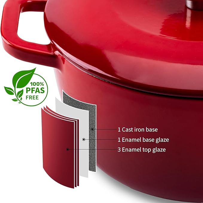Enamel Cast Iron Dutch Oven with Lid,Dual Handles,Heavy-Duty Cookware for Sourdough Bread Baking,Braising,Stews,Roasting,Oven Safe up to 500° F,7QT,red