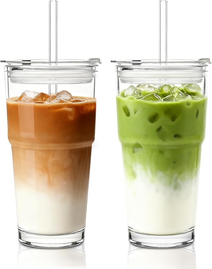 INSETLAN 20oz Clear Glass Cup with Lid and Glass Straw, Set of 2 Thickened Glass Coffee Tumblers, Drinking Glasses with Straw for Smoothie, Tea, Milk, Whiskey, Water and More – Elegant & Durable