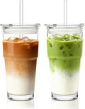 INSETLAN 20oz Clear Glass Cup with Lid and Glass Straw, Set of 2 Thickened Glass Coffee Tumblers, Drinking Glasses with Straw for Smoothie, Tea, Milk, Whiskey, Water and More – Elegant & Durable