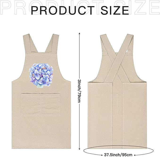 Cotton Linen Apron Non-tie Cross Back Kitchen Apron with Pockets Soft Comfortable Durable for Cooking Baking Gardening (Khaki，Hydrangea)