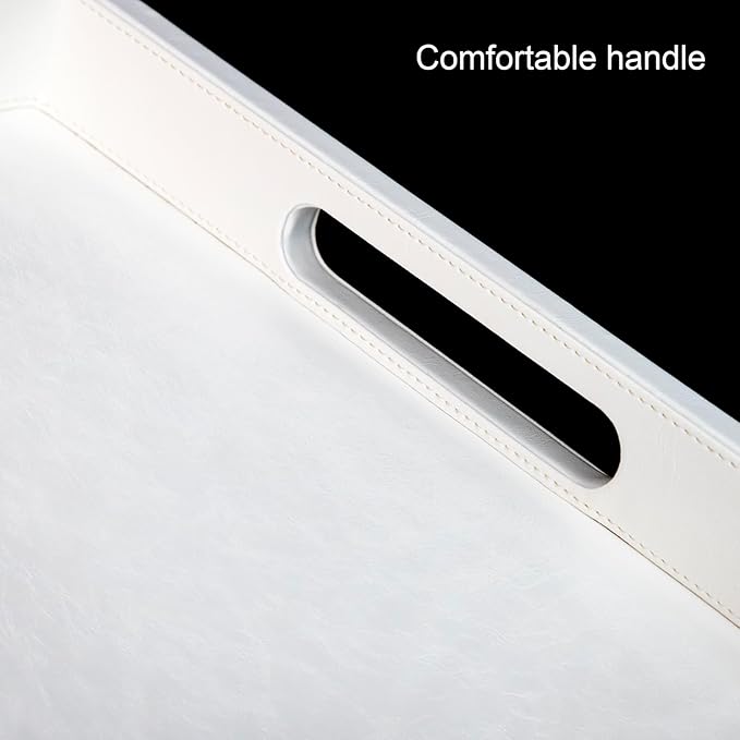 30 * 30 inches Leather Rectangle Serving Tray with Hole Handles,High-End Light Large Service Tray for Ottoman Tray, Tea, Food, Butler - Countertop, Kitchen,Family Dinner, Picnic(White)