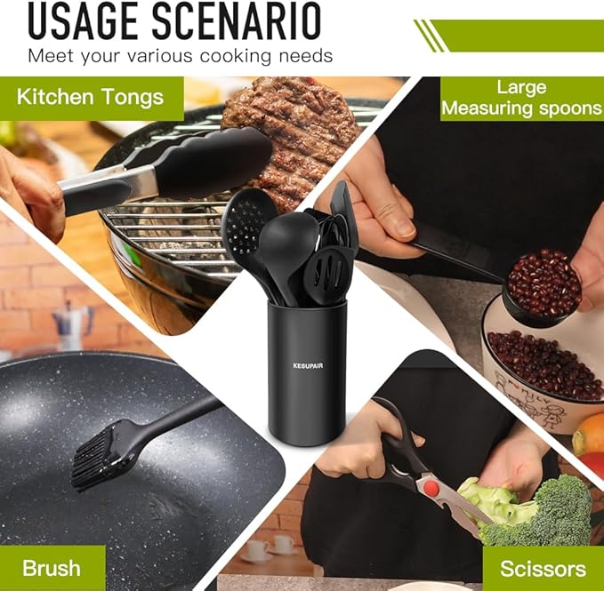 Kitchen Utensils Set - 446°F Heat Resistant Silicone Cooking Utensils Set-Kitchen Tools and Gadgets for Cooking Nonstick Cookware with Tongs,Turner,Spatula,Spoon,Brush,Peeler,Grater,Scissors(Black)