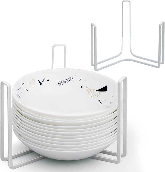 Dinnerware Bowl Plate Holder Fit for 6.5 Inches Diameters Bowl, Metal Bowl Storage Dying Display Rack for Kitchen Drawer, Countertop, Cabinet, Shelf, Cupboard (White, Small 1PCS+Large 1PCS)