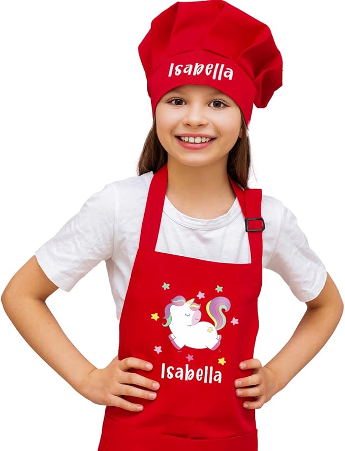 Custom Name Kids Apron with Chef Hat, Waterproof Apron for Cooking, Baking, Art, Painting, Christmas 2025 Personalized Birthday Gift for Daughter,Son, Grandson, Granddaughter Gift from Grandma, Mom