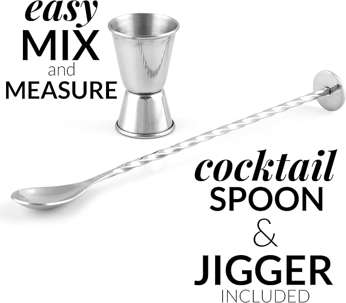 Zulay Kitchen 24oz Stainless Steel Cocktail Shaker Set – Professional Martini & Margarita Shaker with Built-in Strainer, Double-Sided Jigger, Muddler & Mixing Spoon – Bartender Kit for Mixed Drinks