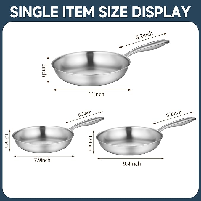 Tri-Ply Clad Stainless Steel Frying Pan Set (8”/9.5”/11”) - Spot-Welded Handles, PFOA & PTFE Free, Induction Ready Oven and Dishwasher Safe Kitchen set