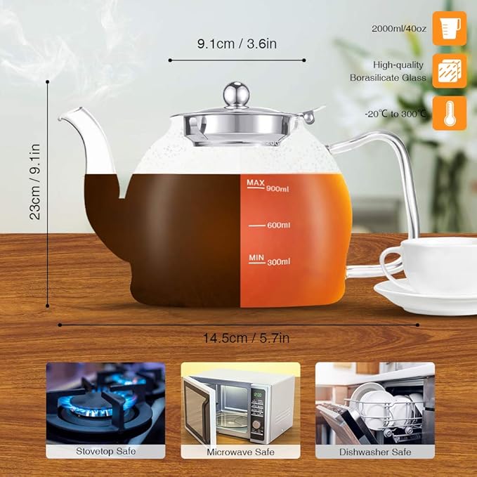 Tea Pot Set – 1200ml Glass Teapot with Removable Stainless Steel Infuser, and 4 Glass Teacups, Stovetop Safe Tea Kettle Gift Set, Blooming and Loose Leaf Tea Maker Set