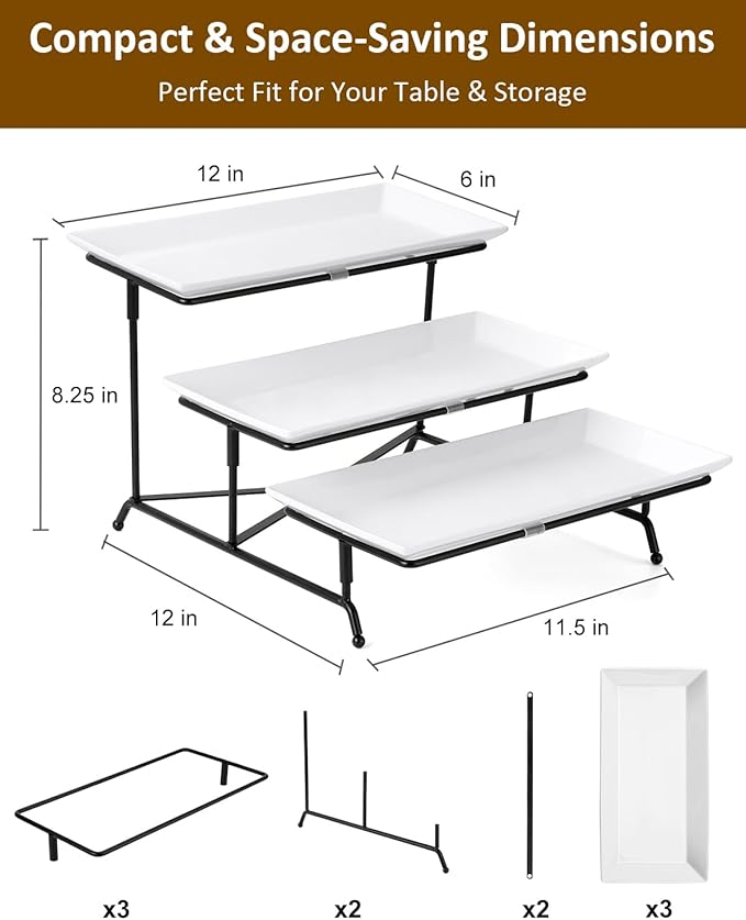 Yedio 3 Tier Serving Trays for Party, Porcelain Serving Platters and Trays, 12 Inch Tiered Tray Stand, Fruit Tray, Trays for Serving Food, White Dessert Stand with Collapsible Sturdier Metal Rack