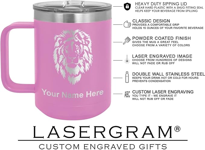 LaserGram 15oz Vacuum Insulated Coffee Mug, Sushi, Personalized Engraving Included (Light Purple)