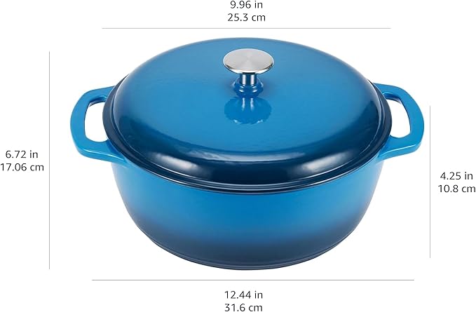 Amazon Basics Cast Iron Dutch Oven Pot with Lid, Enameled, Round, Dual Handles, Heavy-Duty, Small, 4.3-Quart, Blue