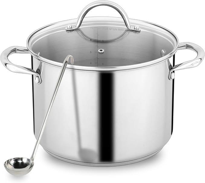 GreatChef Stock Pot Stainless Steel for Cooking Riveted Handle, Heavy Duty Vessel,Induction Compatible All Cooktops in Use, Dishwasher & Oven Safe (8 Quart + Laddle))