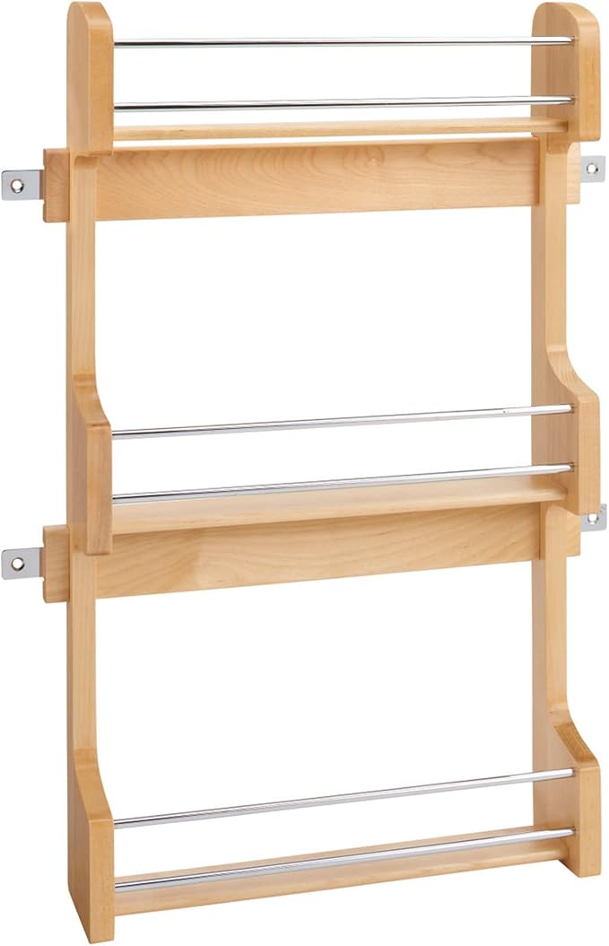 Rev-A-Shelf 18" 3 Tiered Pull Out Shelf Organizer for Kitchen Cabinets, Pantry Storage Spice Seasoning Rack, Door/Wall Mounted, Maple Wood, 4SR-18