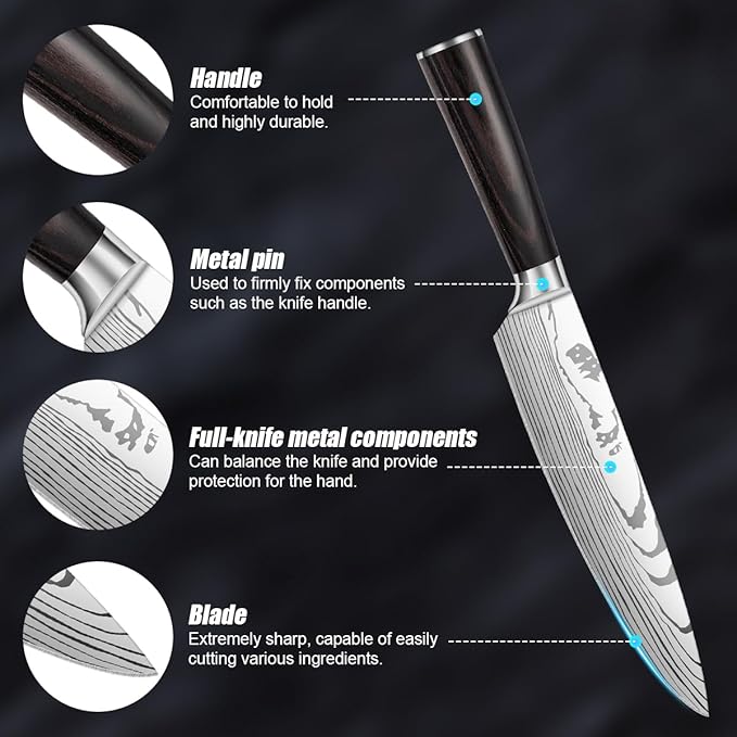 3-Piece Premium Japanese Kitchen Knife Set - Imperial Collection, Laser Damascus Pattern, 440A Stainless Steel Ultra Sharp for Fast Cutting (Redwood 3J)
