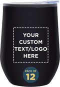 Custom Stemless Wine Tumblers 12 oz. Set of 12, Personalized Bulk Pack - Insulated, Perfect for Wine, Cocktails, Other Hot & Cold Beverages - Black
