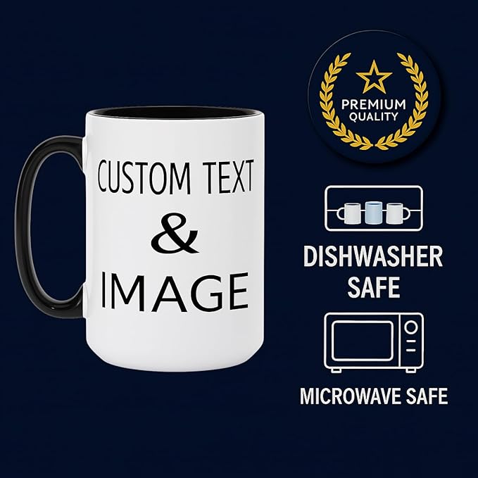 Customized 15oz Ceramic Coffee Mugs with Personalized Text and Photo Image Upload Novelty Gift, Personalize With Different Design And Images, Custom Gift (Black)