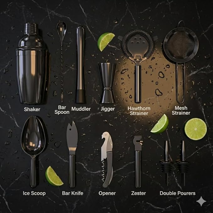 Highball & Chaser 13-Piece Cobbler Cocktail Shaker Set: Black Polished Stainless Steel Bartender Kit for Home Bar Set | Laser Engraved Tools Plus E-Book with 30 Recipes