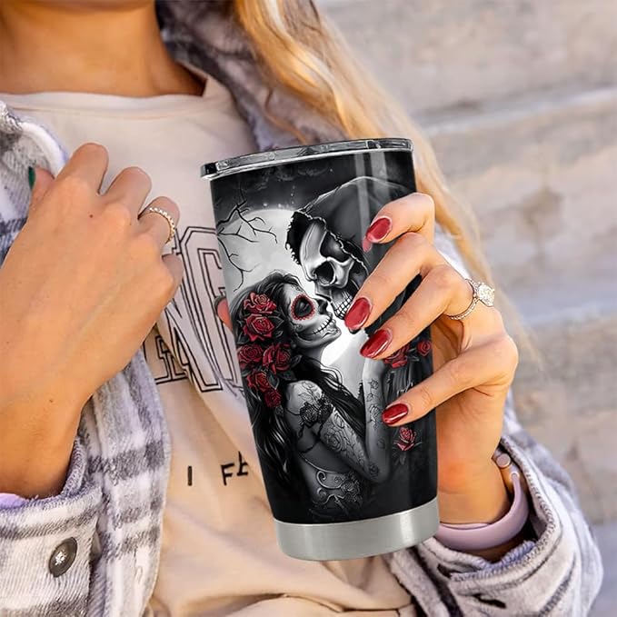 Skull Couple Tumbler 20oz Stainless Steel Insulated Coffee Travel Cup Tumblers Gifts for Wife Husband Boyfriend Girlfriend on Birthday Christmas Valentines Anniversary
