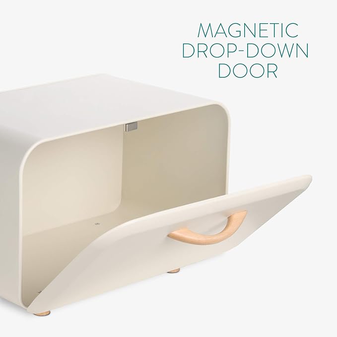 Navaris Bread Box - Metal Bread Bin Storage Tin with Front Opening Drop Down Door for Kitchen Counter or Shelf - Breadbox Storage Container - Cream