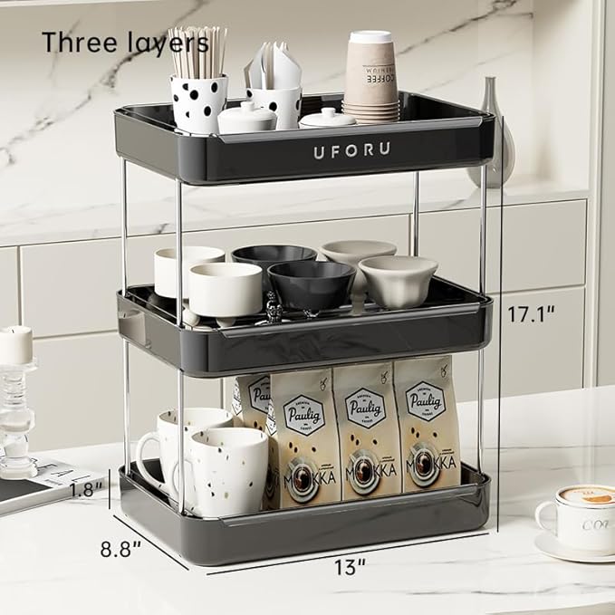 Countertop Coffee Station Organizer, 3 Tier Wine Glass Holder, Mug Shelf with Removable Drain Tray, Spice Rack for Kitchen, Bathroom Countertop Organizer, Black