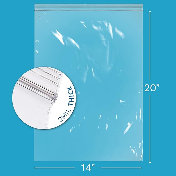 GPI - Extra-large Zip Bags, 14" x 20" Large Reclosable Lock Zip Bags, Clear Plastic Zipper Storage Bags with Zip Top Lock for Freezer, Apparel, Clothing, Food, Supplies - 200 Count
