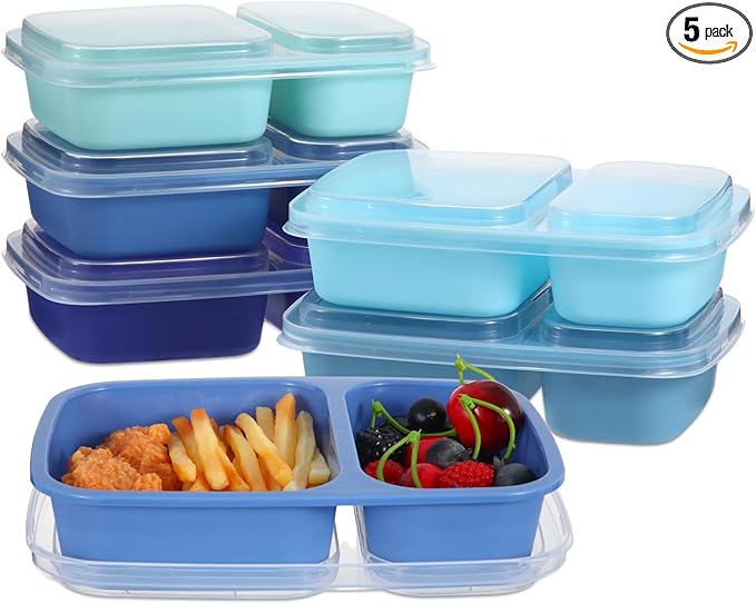Honeydak 5 Pack Lunchable Snack Containers 2 Compartment Divided Bento Snack Boxes Reusable Meal Prep Containers with Lids Lunch Food Storage Box for Work Travel (Blue)