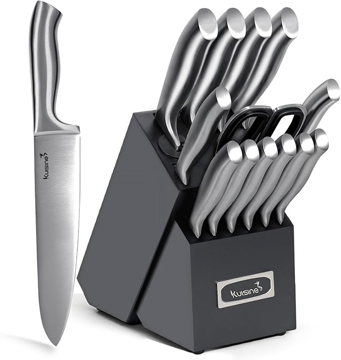 KUISINE Upgraded Premium Chef Knife Set,High Carbon Stainless Steel Razor-sharp Blade Ergonomic Non-slip Steel Handle,Block Knife Set with Built-in Sharpener(Black Silver,15PCS)