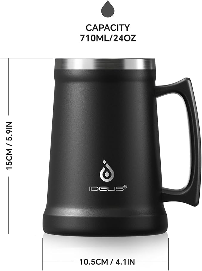 Ideus Insulated Beer Stein, 24/32oz Stainless Steel Double Walled Beer Mug Giant Bar Drinkware Metal Beer Cup with Big Grip Handle (Black, 24oz (710ml))