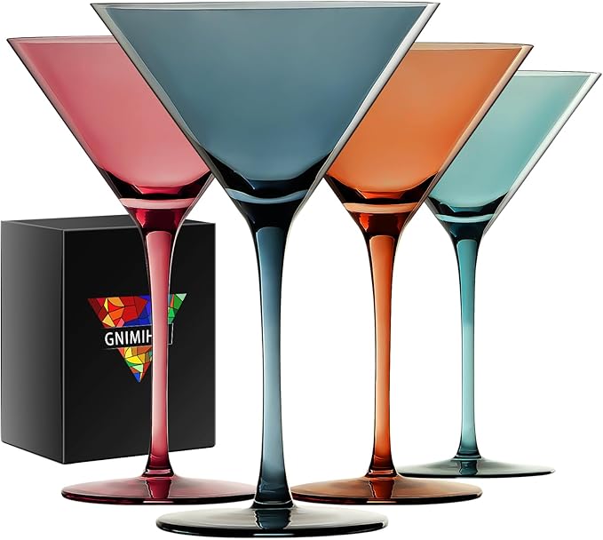 Colored Martini Glasses Set of 4-9 oz, Handmade Premium Crystal Cocktail Glasses, Martini, Cosmopolitan, Manhattan, Gimlet, Pisco Sour, Christmas Gifts for Men Women, Colored