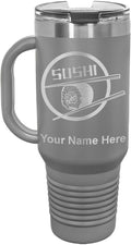 40oz Vacuum Insulated Travel Mug with Handle, Sushi, Personalized Engraving Included (Gray)