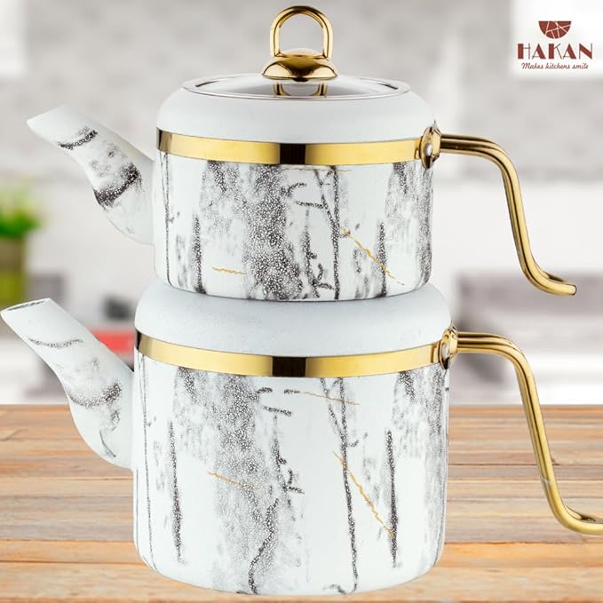 Hakan Melody Turkish Tea Pot Set | 3.5 L Tea Kettles for Stovetop with Stainless Steel Handless and Glass Lid | Aluminum Body Tea Maker | Double Stovetop Kettles with Granite Cover, White 3.6 qt